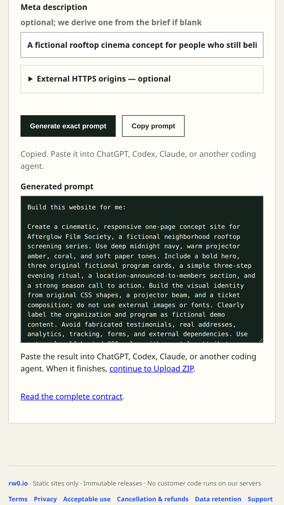 Turn the idea into an exact build contract in the Small Site production walkthrough
