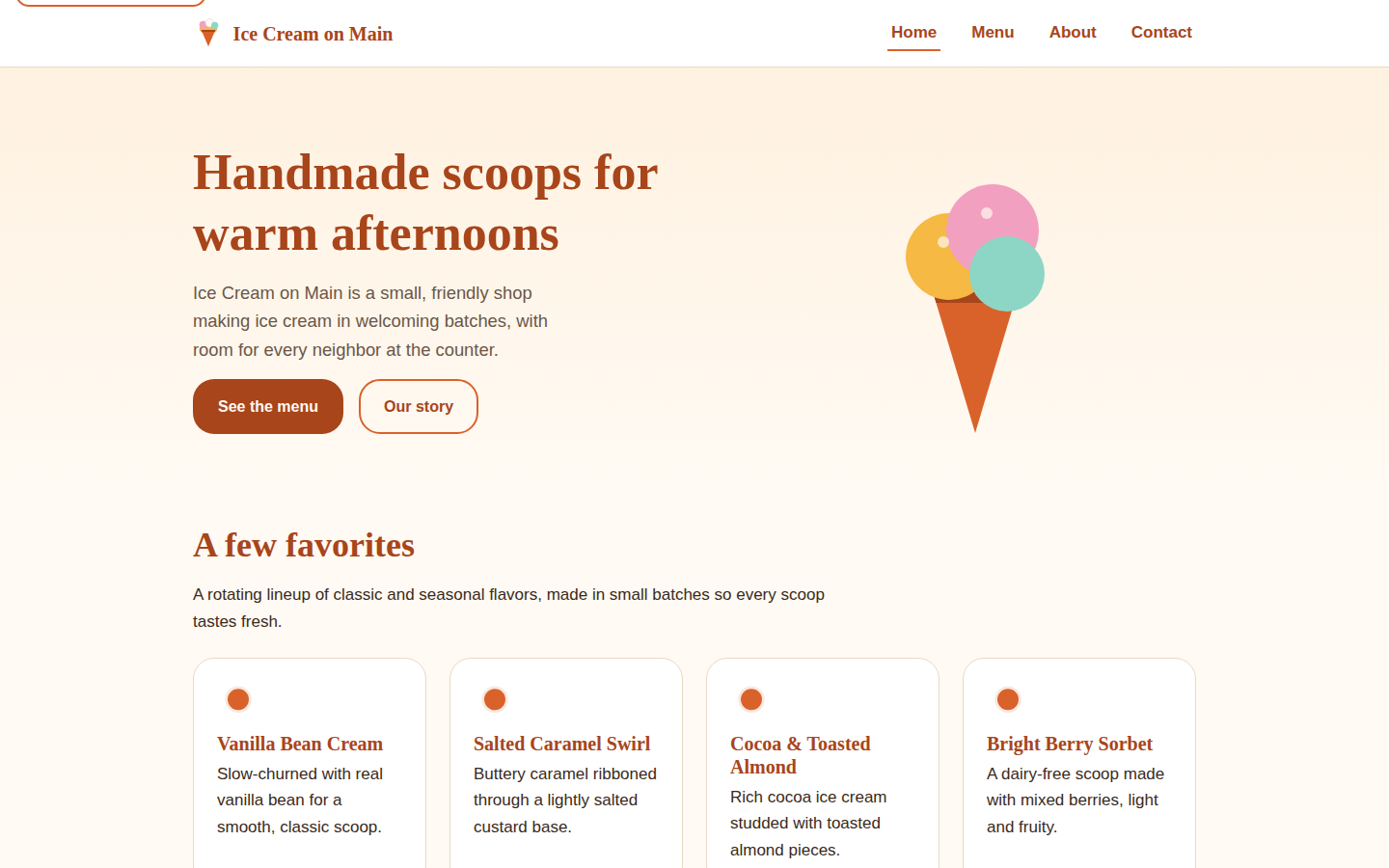 Homepage of Ice Cream on Main